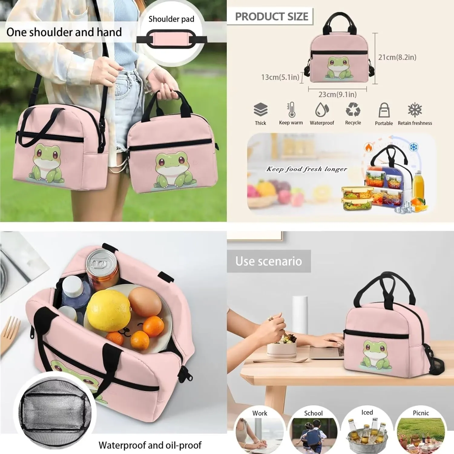 Cartoon Frog Fashion Backpacks for Girls 15inch Cute Canvas Handbags Large Capacity 3 in 1 Luggage Bookbag and Lunch Box Set for Men Fit Travel Outdoor Picnic