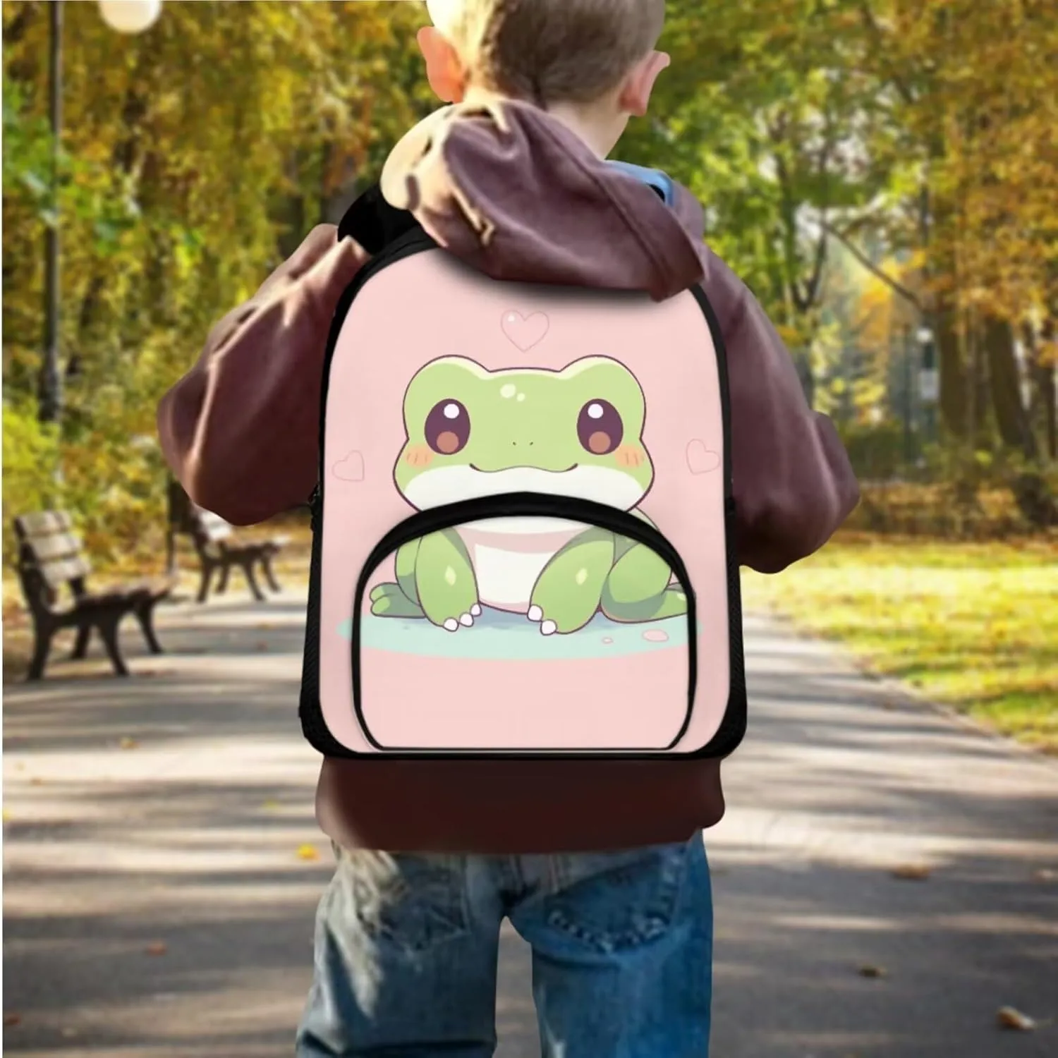 Cartoon Frog Fashion Backpacks for Girls 15inch Cute Canvas Handbags Large Capacity 3 in 1 Luggage Bookbag and Lunch Box Set for Men Fit Travel Outdoor Picnic