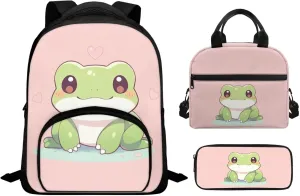 Cartoon Frog Fashion Backpacks for Girls 15inch Cute Canvas Handbags Large Capacity 3 in 1 Luggage Bookbag and Lunch Box Set for Men Fit Travel Outdoor Picnic