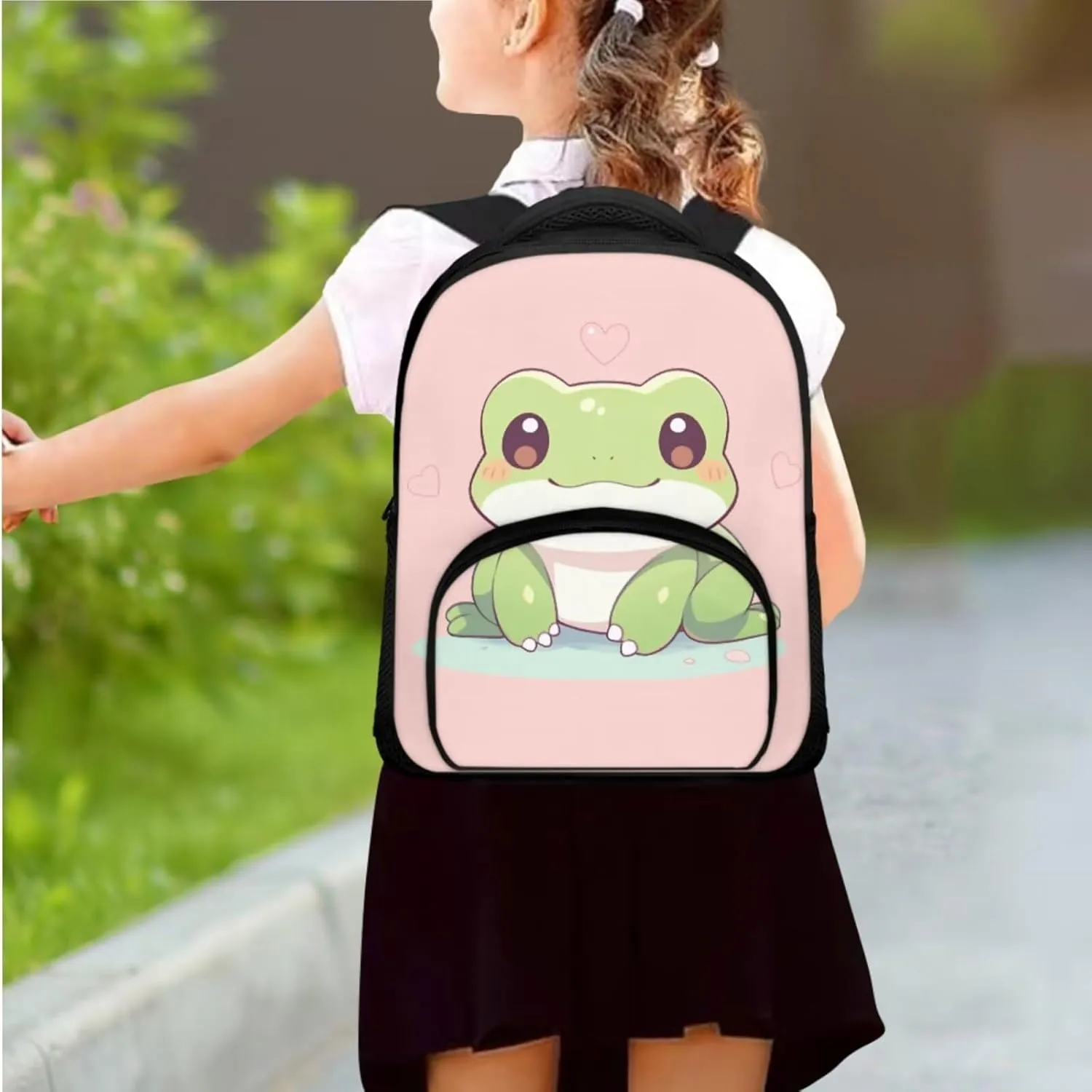 Cartoon Frog Fashion Backpacks for Girls 15inch Cute Canvas Handbags Large Capacity 3 in 1 Luggage Bookbag and Lunch Box Set for Men Fit Travel Outdoor Picnic