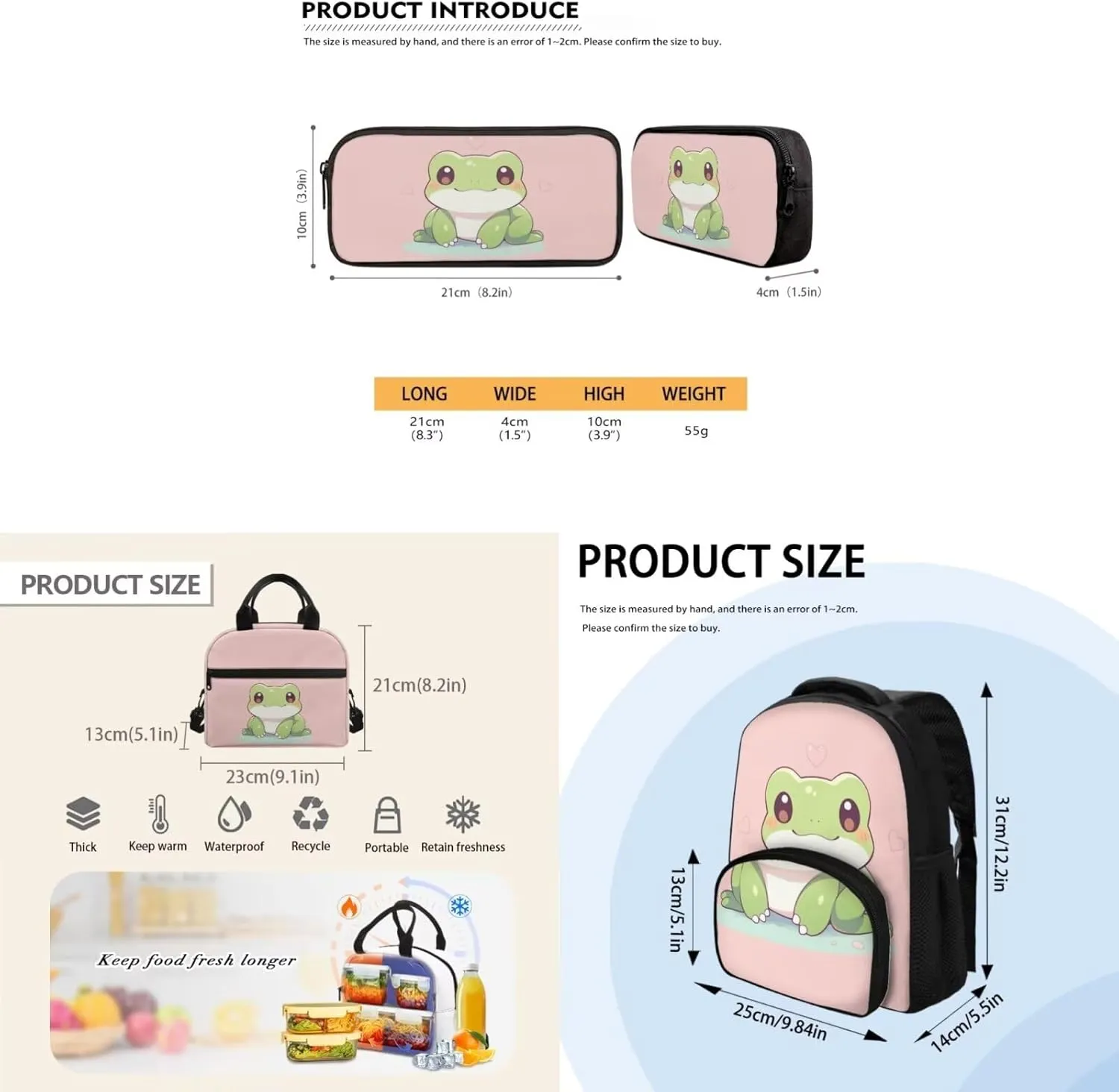 Cartoon Frog Fashion Backpacks for Girls 15inch Cute Canvas Handbags Large Capacity 3 in 1 Luggage Bookbag and Lunch Box Set for Men Fit Travel Outdoor Picnic