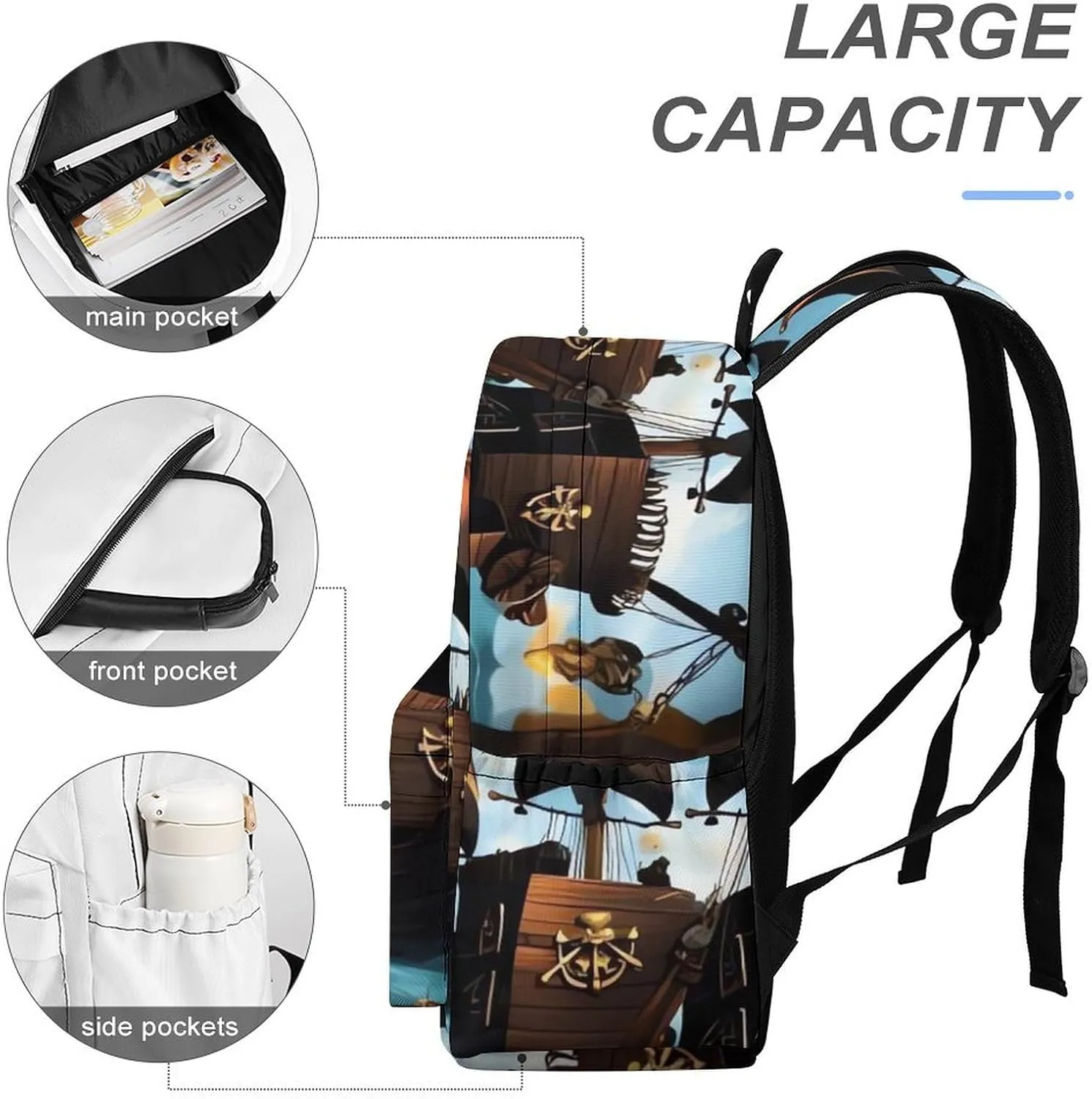 Cartoon Pirate Ship Print Laptop Backpacks Casual Shoulder Bag Travel Daypack Fashion for Men Women