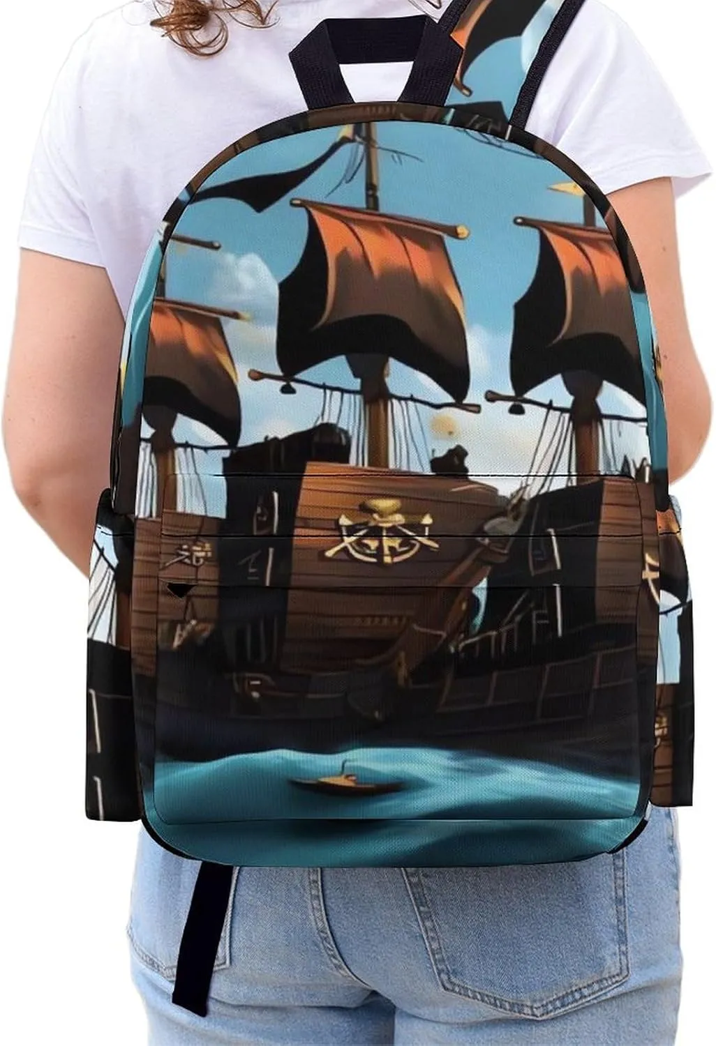 Cartoon Pirate Ship Print Laptop Backpacks Casual Shoulder Bag Travel Daypack Fashion for Men Women
