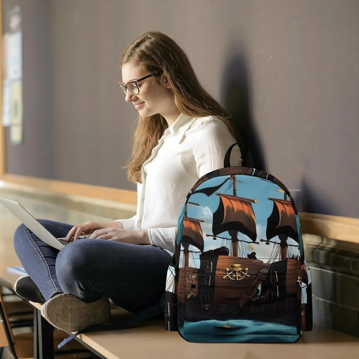 Cartoon Pirate Ship Print Laptop Backpacks Casual Shoulder Bag Travel Daypack Fashion for Men Women