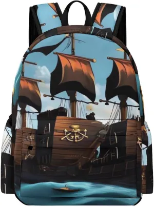 Cartoon Pirate Ship Print Laptop Backpacks Casual Shoulder Bag Travel Daypack Fashion for Men Women