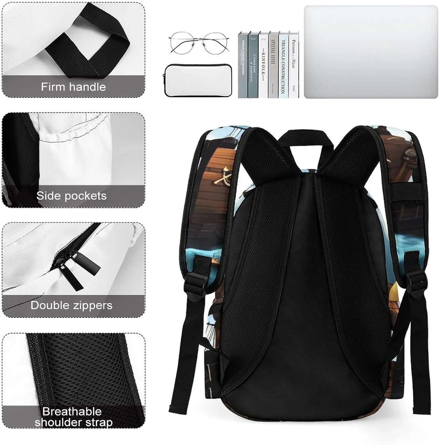 Cartoon Pirate Ship Print Laptop Backpacks Casual Shoulder Bag Travel Daypack Fashion for Men Women