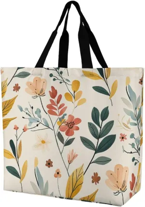Casual Large-capacity Shoulder Bags,Mustard Yellow Flowers Print Reusable Shopping Bags,multi-function Large Shopping Bag