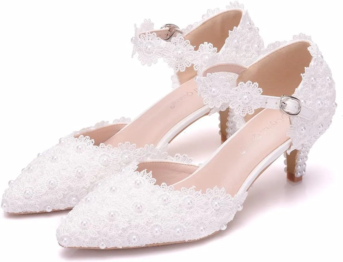 ChaiRong Zhou Women Classy Wedding Pumps, Pointy Toe Lace Flower Mid Heel Stilettos Slip on Dress Bridal Shoes