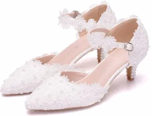 ChaiRong Zhou Women Classy Wedding Pumps, Pointy Toe Lace Flower Mid Heel Stilettos Slip on Dress Bridal Shoes