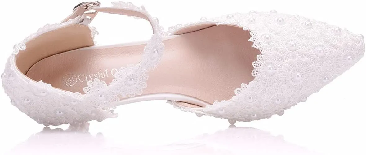 ChaiRong Zhou Women Classy Wedding Pumps, Pointy Toe Lace Flower Mid Heel Stilettos Slip on Dress Bridal Shoes