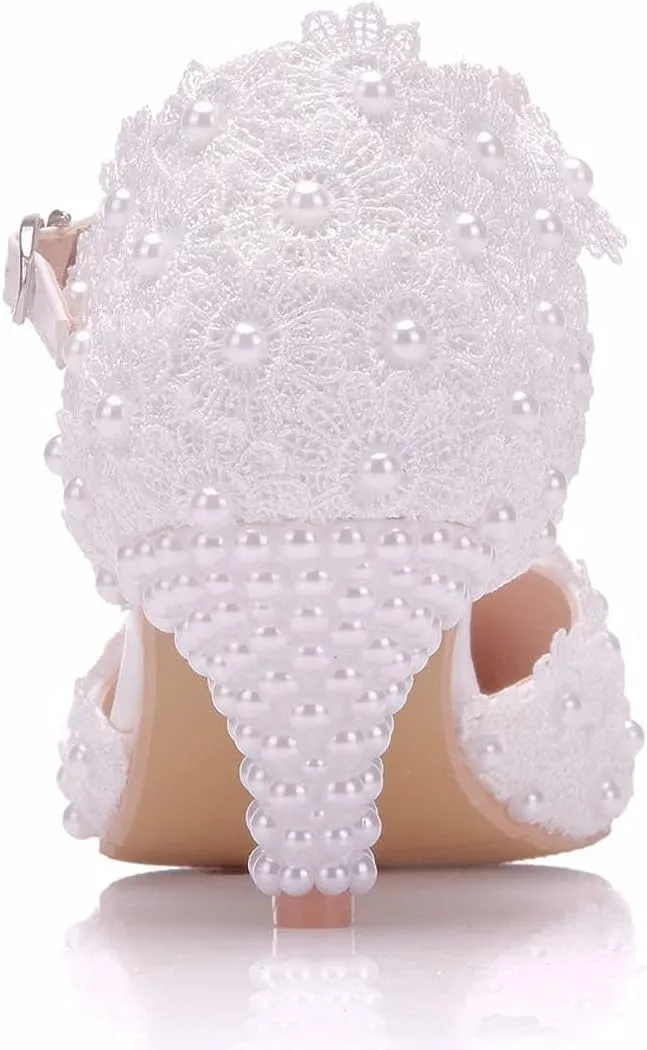 ChaiRong Zhou Women Classy Wedding Pumps, Pointy Toe Lace Flower Mid Heel Stilettos Slip on Dress Bridal Shoes