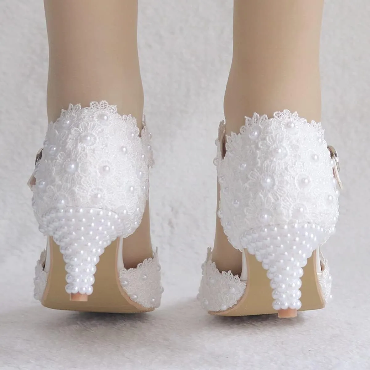 ChaiRong Zhou Women Classy Wedding Pumps, Pointy Toe Lace Flower Mid Heel Stilettos Slip on Dress Bridal Shoes
