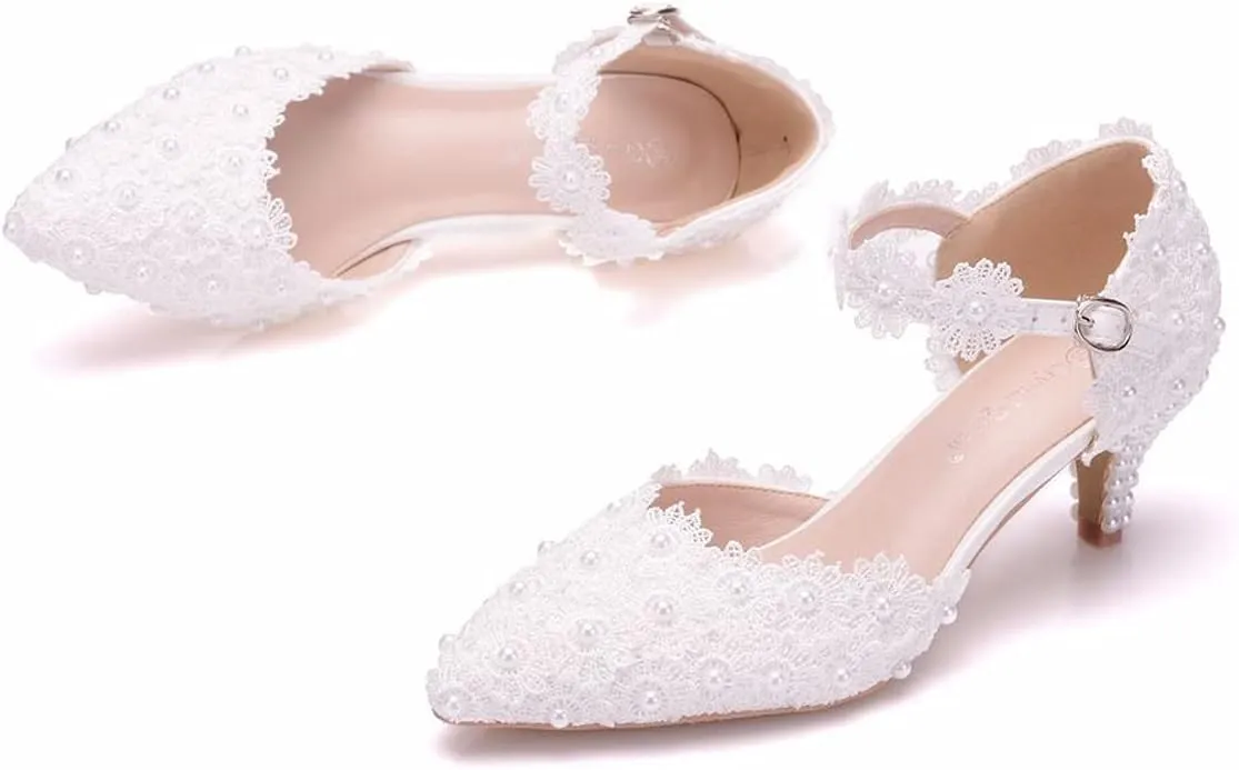 ChaiRong Zhou Women Classy Wedding Pumps, Pointy Toe Lace Flower Mid Heel Stilettos Slip on Dress Bridal Shoes