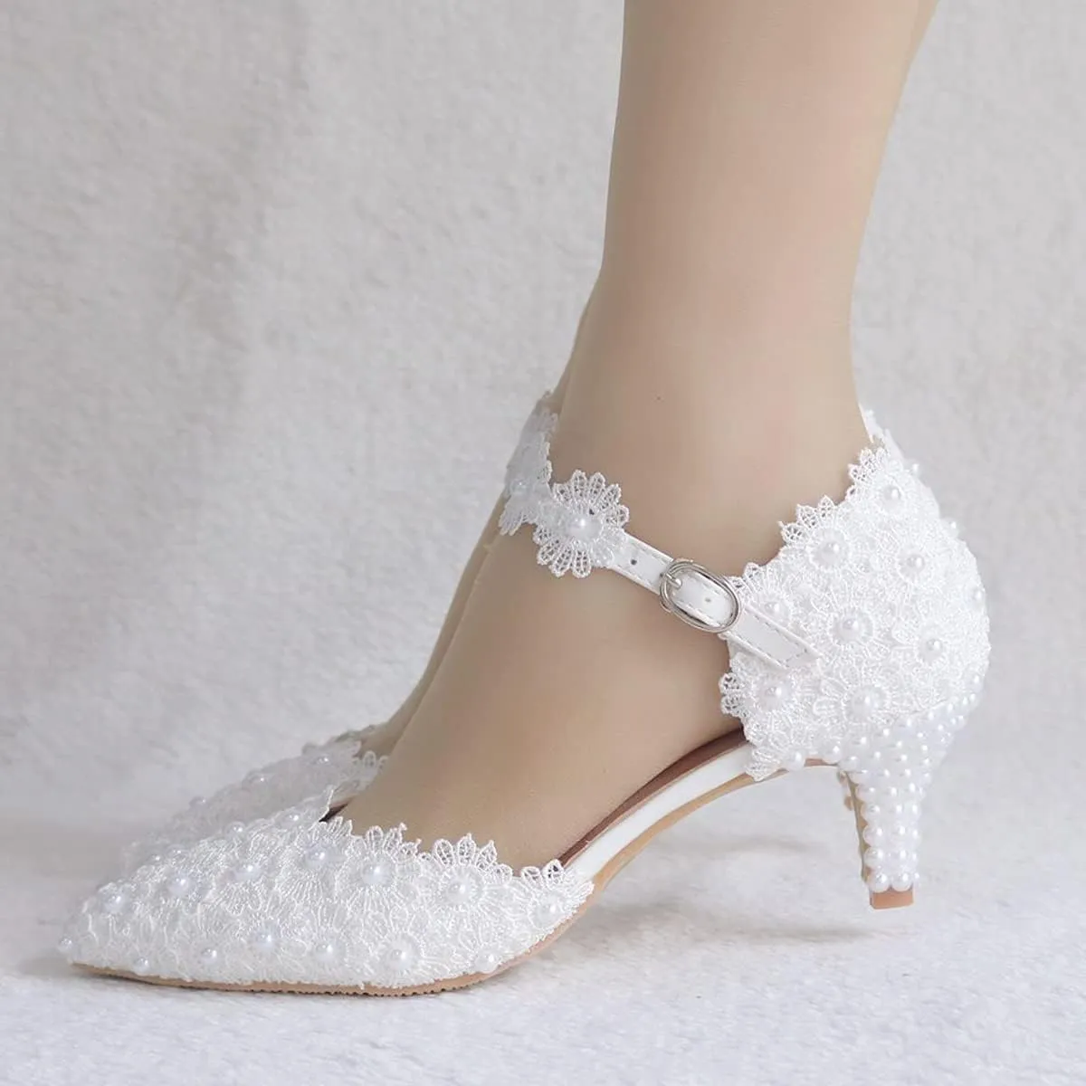 ChaiRong Zhou Women Classy Wedding Pumps, Pointy Toe Lace Flower Mid Heel Stilettos Slip on Dress Bridal Shoes