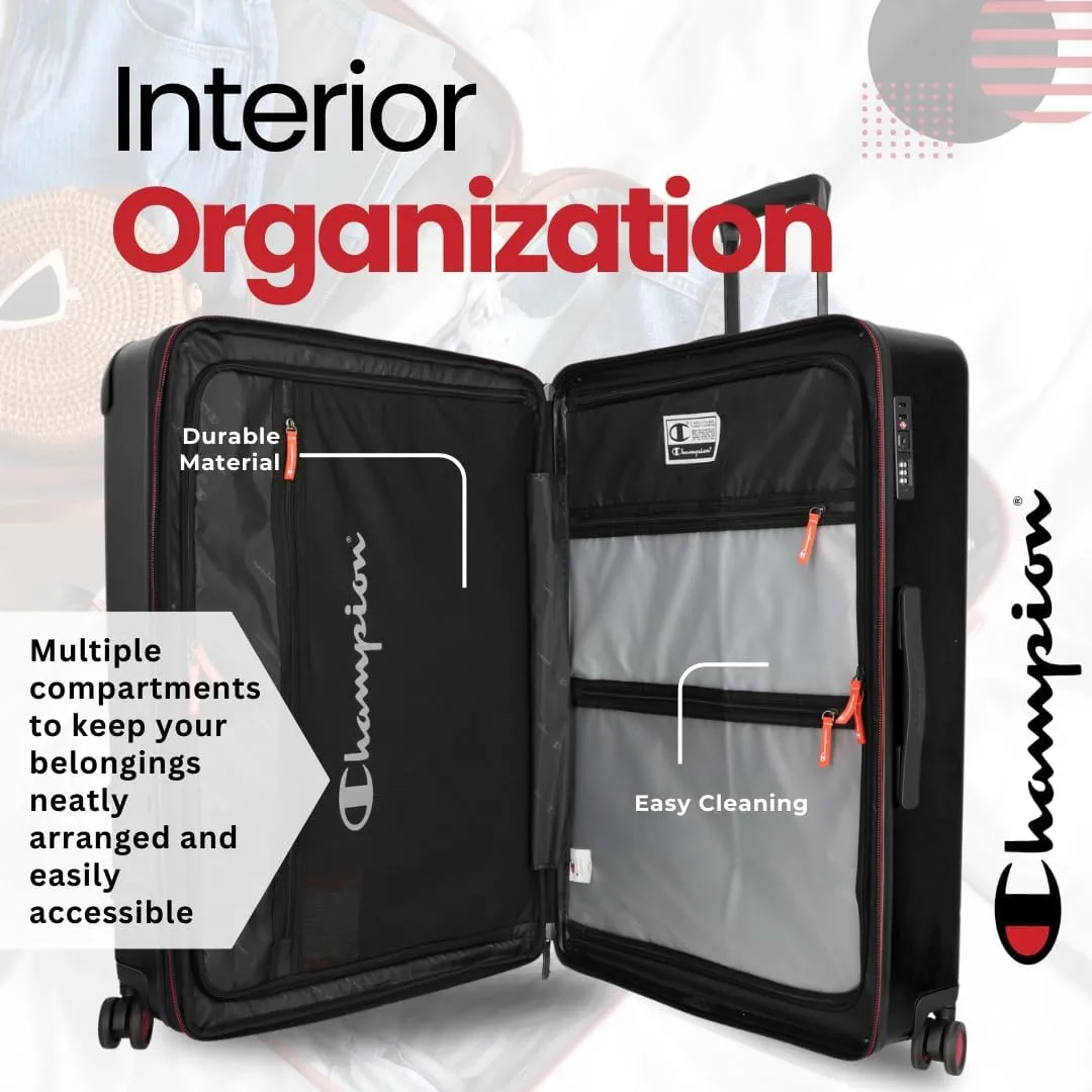 Champion 21” Hardshell Suitcase with Cup Holder & 8 Spinner Wheels - Expandable Carry-On & Checked Luggage - Durable ABS Material - Travel Bags for Men & Women - Airline Approved - With TSA Lock - Blk