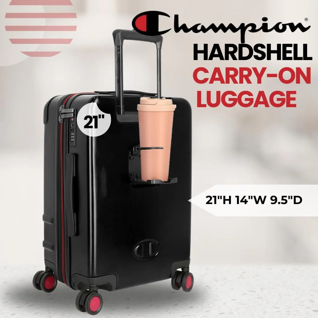 Champion 21” Hardshell Suitcase with Cup Holder & 8 Spinner Wheels - Expandable Carry-On & Checked Luggage - Durable ABS Material - Travel Bags for Men & Women - Airline Approved - With TSA Lock - Blk