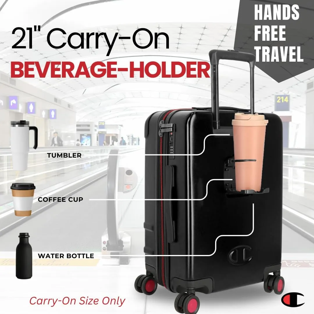 Champion 21” Hardshell Suitcase with Cup Holder & 8 Spinner Wheels - Expandable Carry-On & Checked Luggage - Durable ABS Material - Travel Bags for Men & Women - Airline Approved - With TSA Lock - Blk