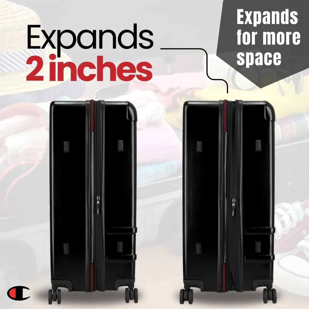 Champion 21” Hardshell Suitcase with Cup Holder & 8 Spinner Wheels - Expandable Carry-On & Checked Luggage - Durable ABS Material - Travel Bags for Men & Women - Airline Approved - With TSA Lock - Blk