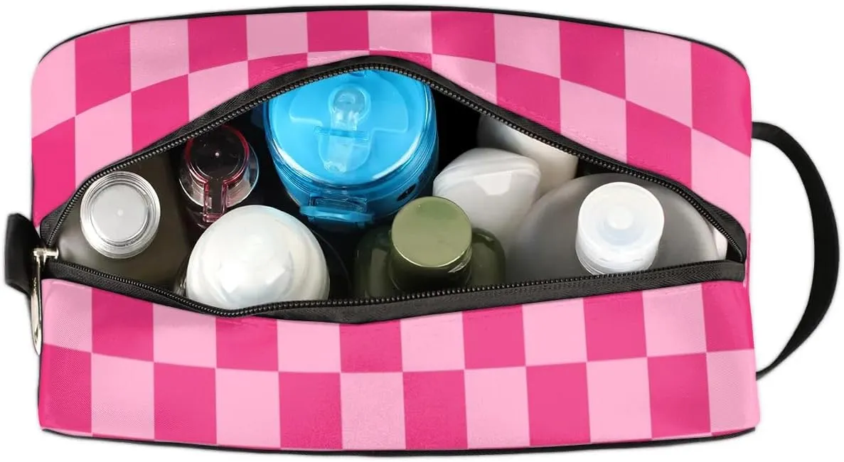 Checkered Pink Hanging Toiletry Bag for Women Girls,Travel Cosmetic Bag,Waterproof Makeup Bag,Approved Hygiene Bag Dopp Kit Organizer for Toiletries Shower Bathroom Carry-on Accessories Gifts