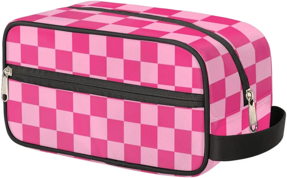 Checkered Pink Hanging Toiletry Bag for Women Girls,Travel Cosmetic Bag,Waterproof Makeup Bag,Approved Hygiene Bag Dopp Kit Organizer for Toiletries Shower Bathroom Carry-on Accessories Gifts