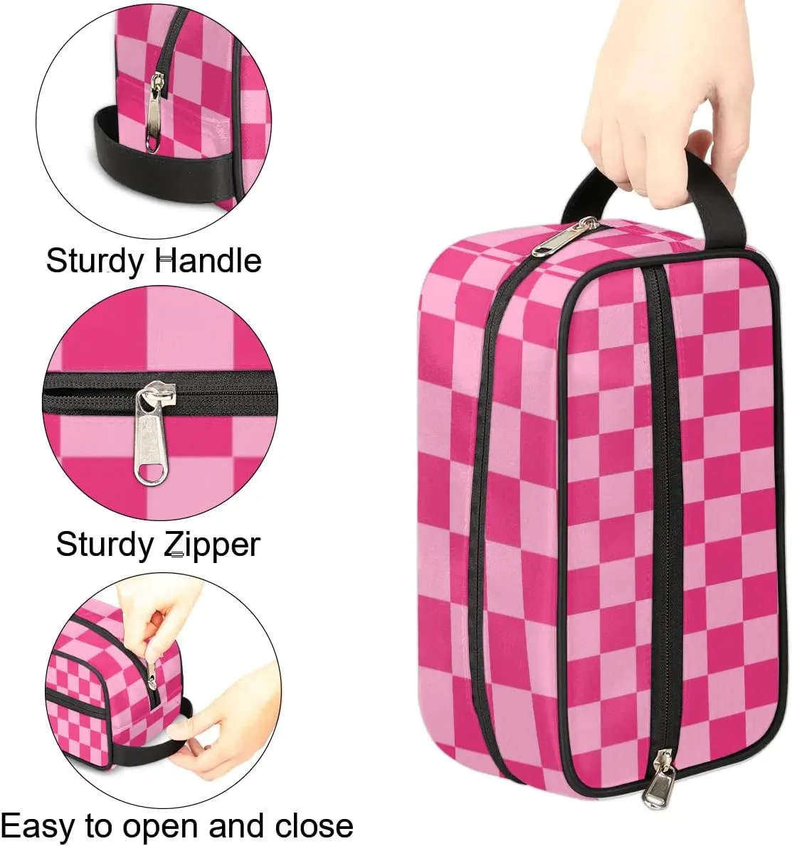 Checkered Pink Hanging Toiletry Bag for Women Girls,Travel Cosmetic Bag,Waterproof Makeup Bag,Approved Hygiene Bag Dopp Kit Organizer for Toiletries Shower Bathroom Carry-on Accessories Gifts