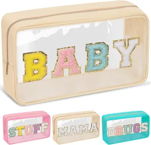 Chenille Letter Clear Makeup Bag with Zipper and Waterproof Nylon