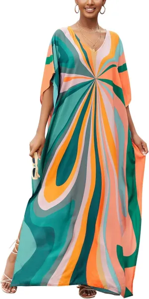 CHERRY CAT Women Plus Size Swimsuit Cover up Beachwear Long Cover-ups Kaftan Casual Caftan Dress