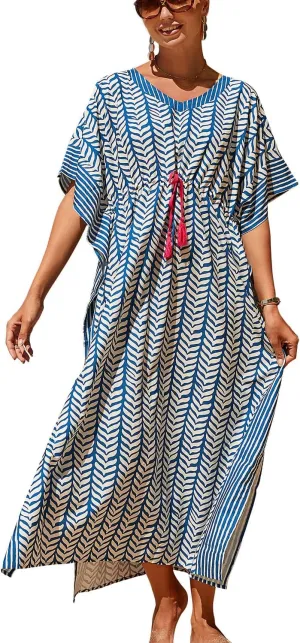 CHERRY CAT Women Plus Size Swimsuit Cover up Beachwear Long Cover-ups Kaftan Casual Caftan Dress