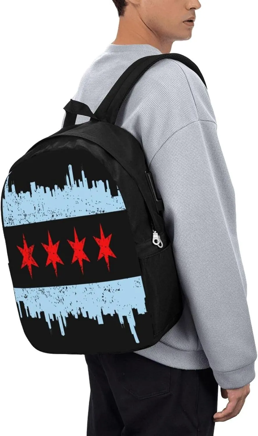 Chicago Skyline Flags Laptop Backpacks Travel Backpack Casual Business Daypack Sport Rucksack Computer Bag Fits up to 17 Inch Notebook with USB Port