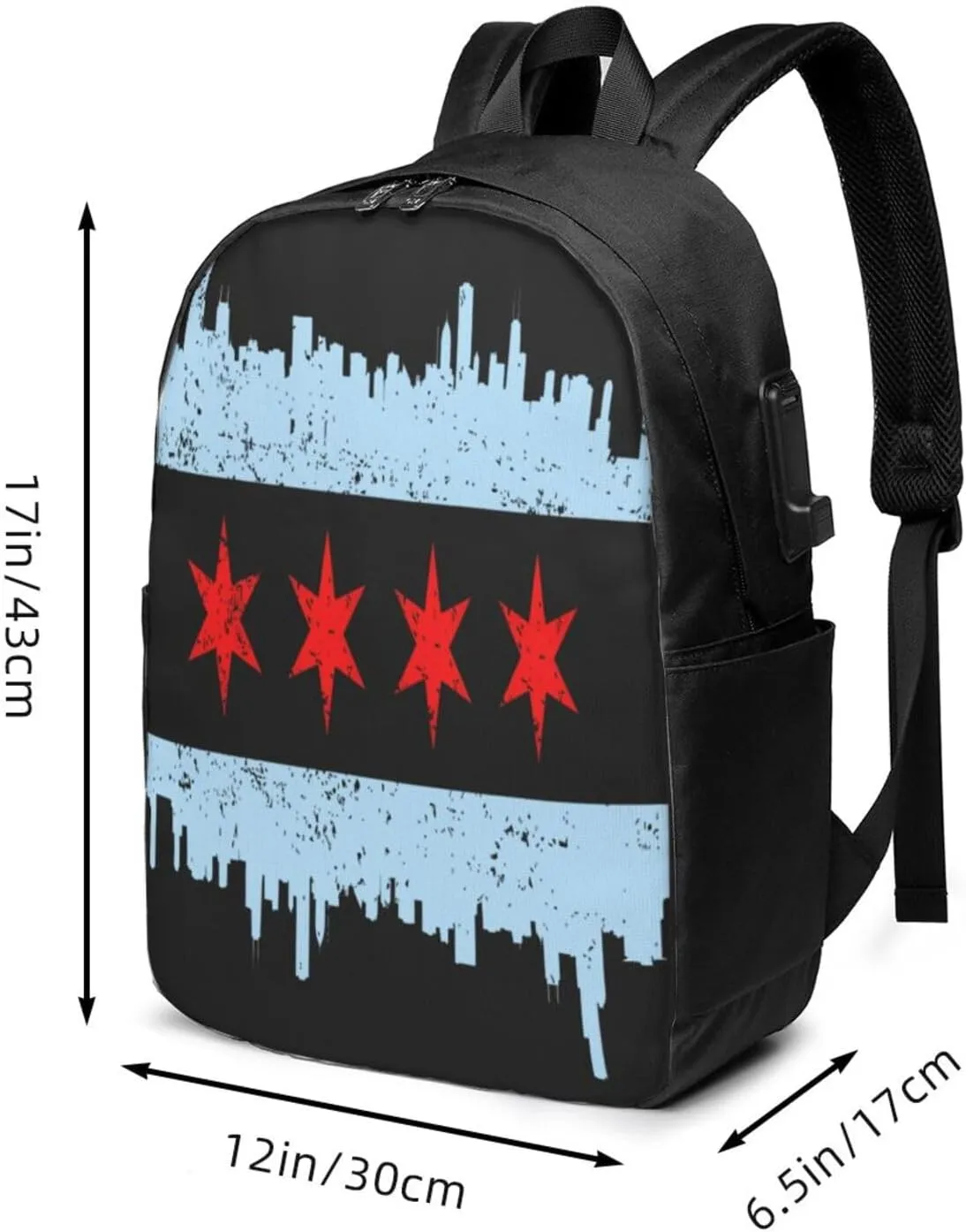 Chicago Skyline Flags Laptop Backpacks Travel Backpack Casual Business Daypack Sport Rucksack Computer Bag Fits up to 17 Inch Notebook with USB Port