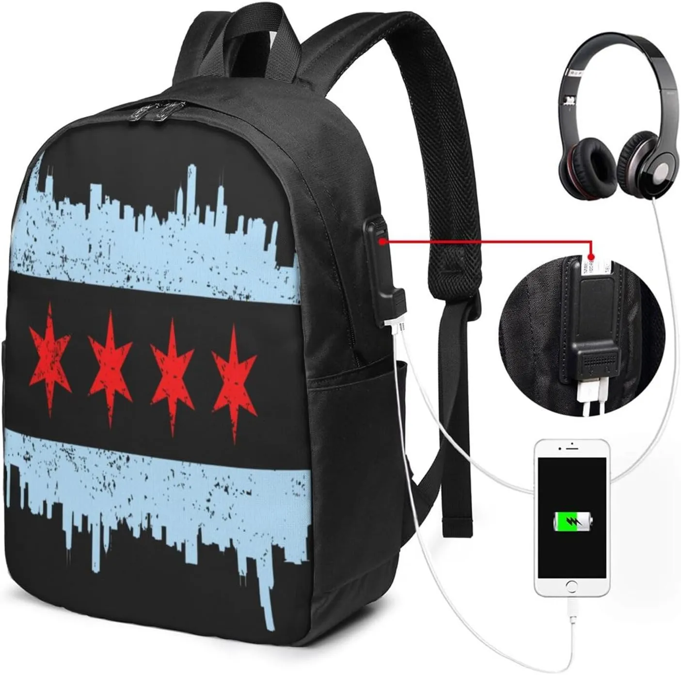 Chicago Skyline Flags Laptop Backpacks Travel Backpack Casual Business Daypack Sport Rucksack Computer Bag Fits up to 17 Inch Notebook with USB Port