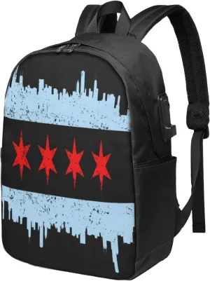 Chicago Skyline Flags Laptop Backpacks Travel Backpack Casual Business Daypack Sport Rucksack Computer Bag Fits up to 17 Inch Notebook with USB Port