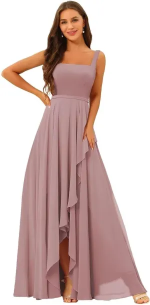 Chiffon Ruffle Bridesmaid Dresses for Women Long Spaghetti Straps Formal Evening Dress with Slit