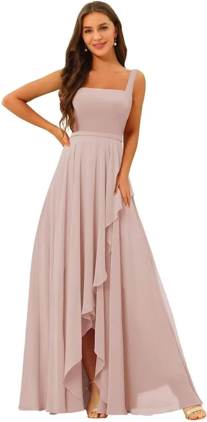 Chiffon Ruffle Bridesmaid Dresses for Women Long Spaghetti Straps Formal Evening Dress with Slit