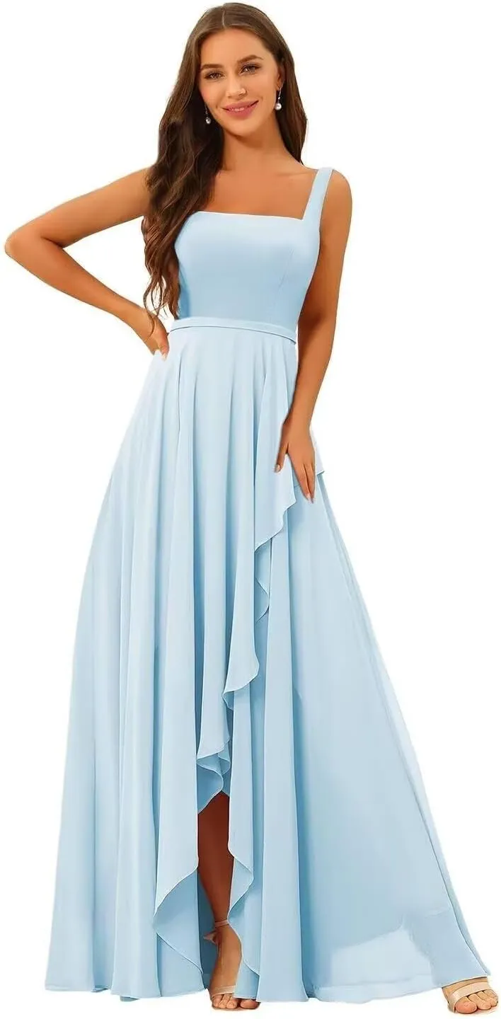Chiffon Ruffle Bridesmaid Dresses for Women Long Spaghetti Straps Formal Evening Dress with Slit