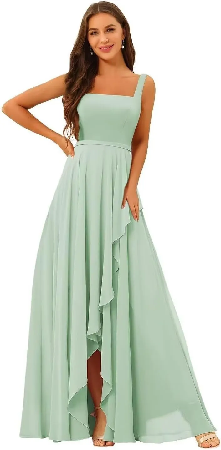 Chiffon Ruffle Bridesmaid Dresses for Women Long Spaghetti Straps Formal Evening Dress with Slit