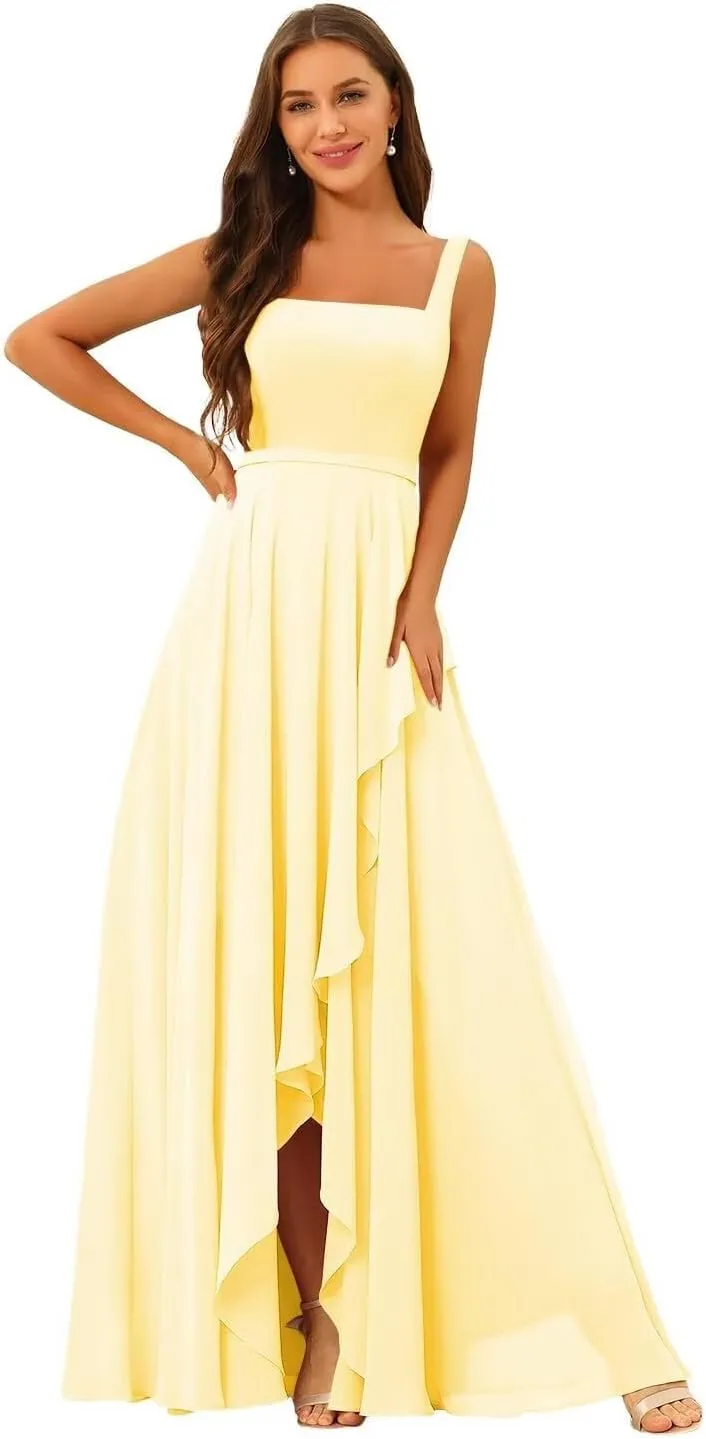 Chiffon Ruffle Bridesmaid Dresses for Women Long Spaghetti Straps Formal Evening Dress with Slit