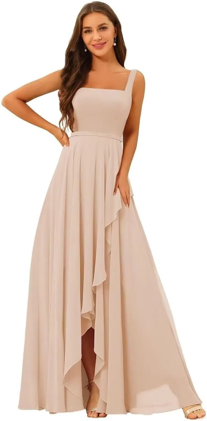 Chiffon Ruffle Bridesmaid Dresses for Women Long Spaghetti Straps Formal Evening Dress with Slit