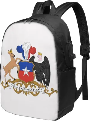 Chile Chilean Flag Coat Arms Laptop Backpacks Travel Backpack Casual Business Daypack Sport Rucksack Computer Bag Fits up to 17 Inch Notebook with USB Port