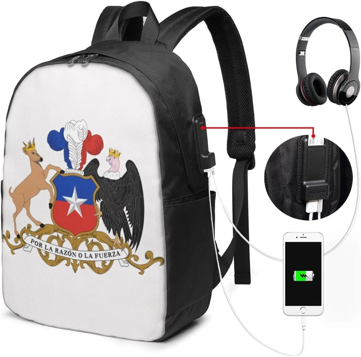 Chile Chilean Flag Coat Arms Laptop Backpacks Travel Backpack Casual Business Daypack Sport Rucksack Computer Bag Fits up to 17 Inch Notebook with USB Port