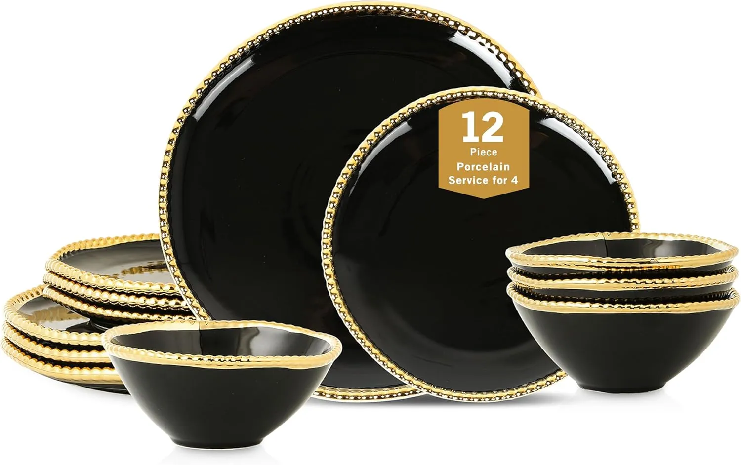 Christian Siriano Akoya Porcelain Dinnerware Set, 12-Piece - Dish Set for 4, Plates and Bowls Set, Black and Gold
