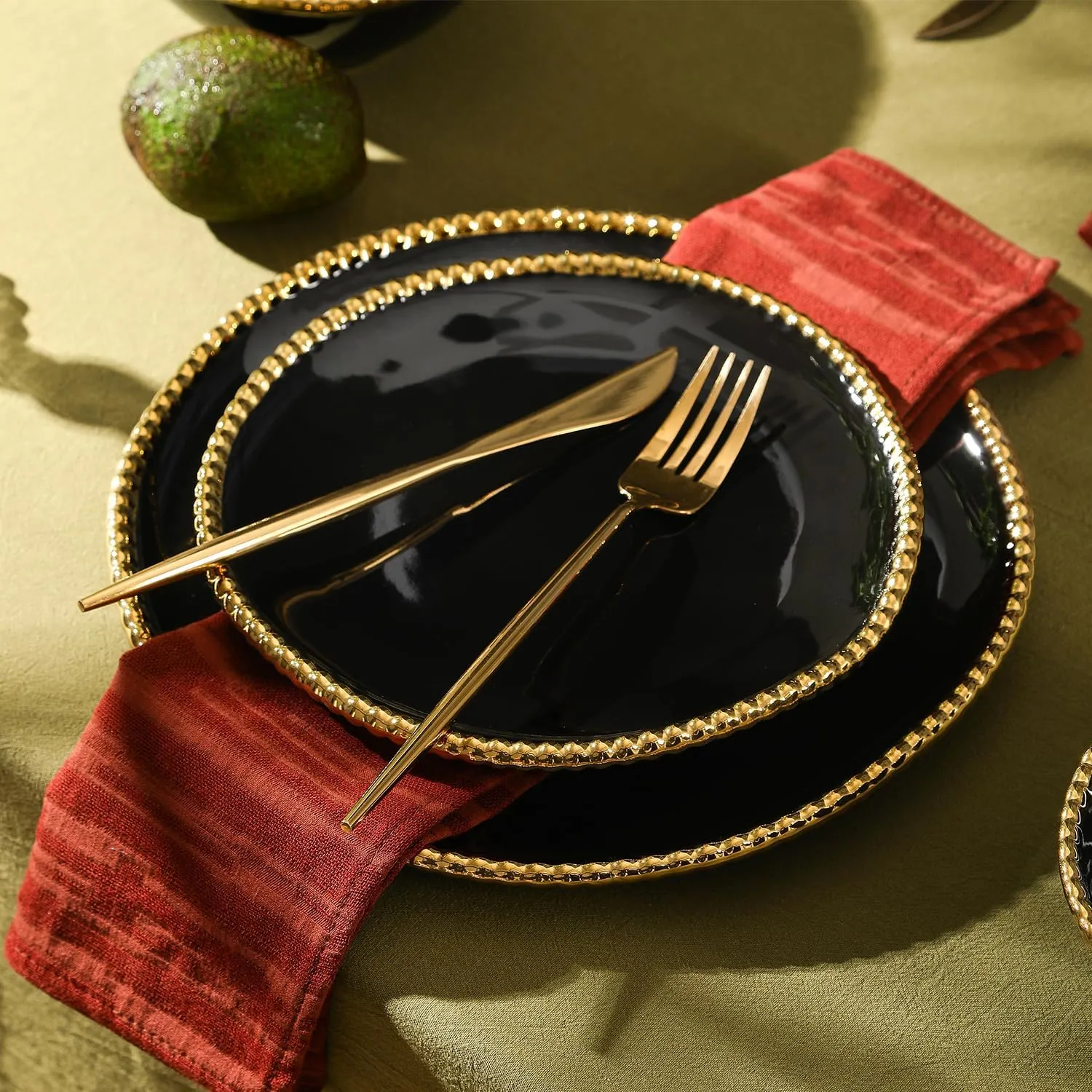 Christian Siriano Akoya Porcelain Dinnerware Set, 12-Piece - Dish Set for 4, Plates and Bowls Set, Black and Gold