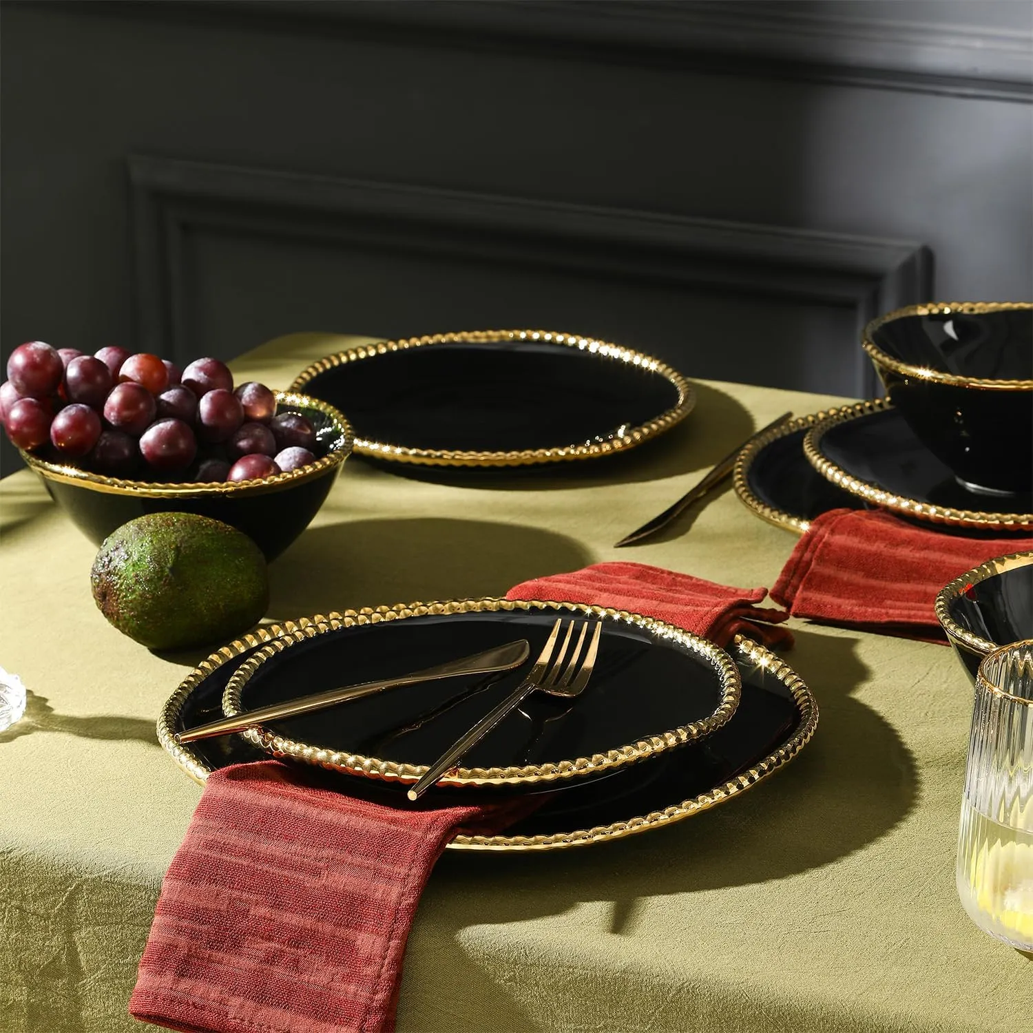 Christian Siriano Akoya Porcelain Dinnerware Set, 12-Piece - Dish Set for 4, Plates and Bowls Set, Black and Gold
