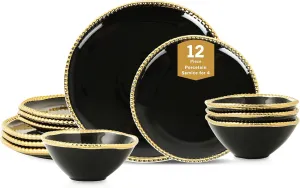 Christian Siriano Akoya Porcelain Dinnerware Set, 12-Piece - Dish Set for 4, Plates and Bowls Set, Black and Gold