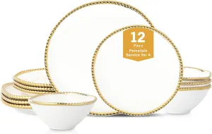 Christian Siriano Akoya Porcelain Dinnerware Set, 12-Piece - Dish Set for 4, Plates and Bowls Set, White and Gold