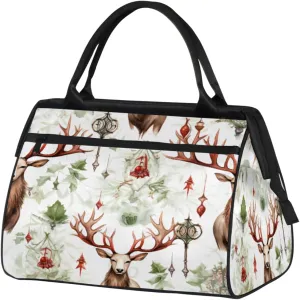 Christmas Reindeer Leaves Gym Bag for Women Men, Travel Sports Duffel Bag with Trolley Sleeve, Waterproof Sports Gym Bag Weekender Overnight Bag Carry On Tote Bag for Travel Gym Sport