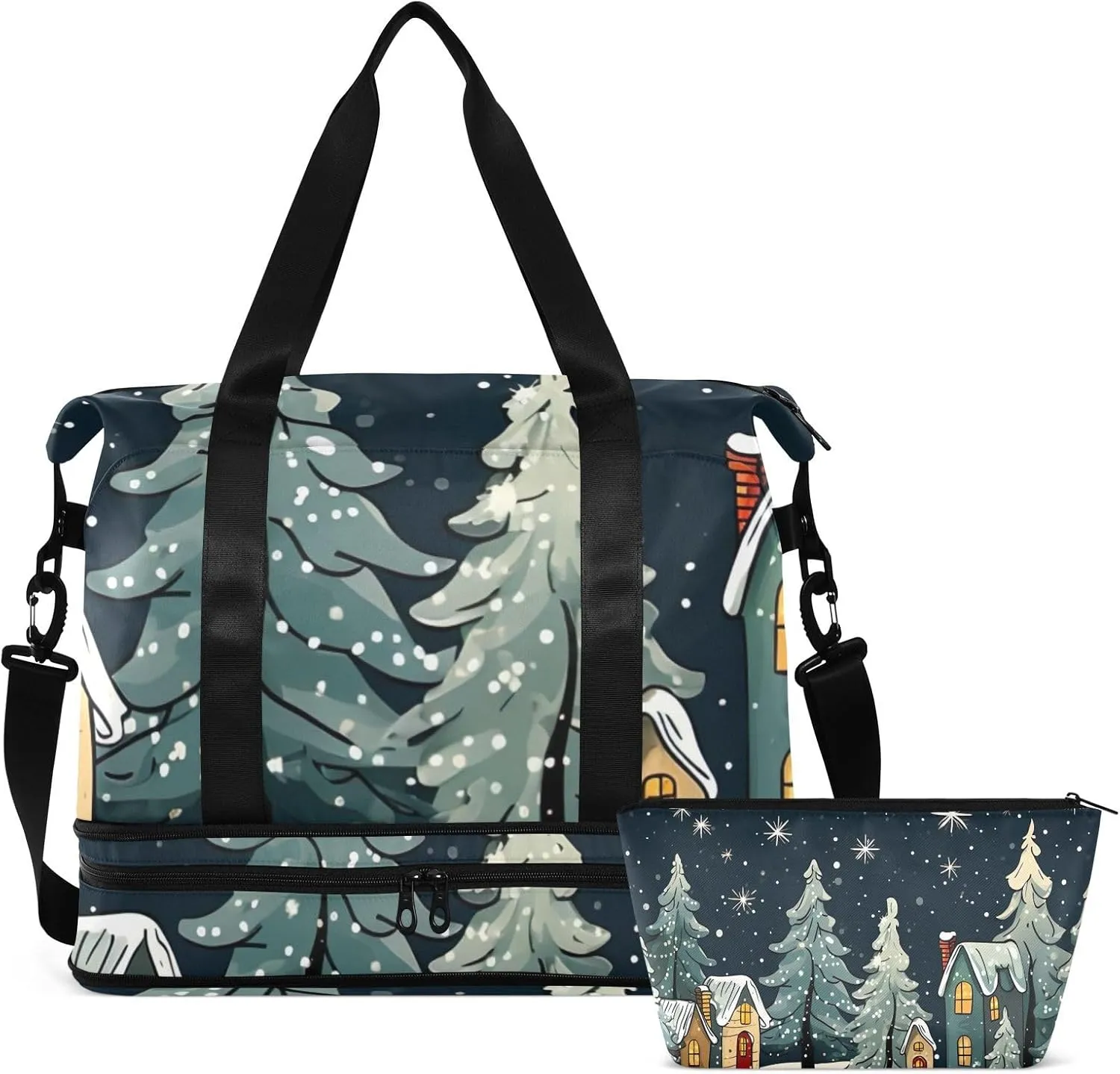 Christmas Village Gym Bag for Women & Men,Duffel Bag with Shoe Pocket,Weekender Overnight Bag with Trolley Sleeve for Travel 21215822