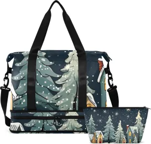 Christmas Village Gym Bag for Women & Men,Duffel Bag with Shoe Pocket,Weekender Overnight Bag with Trolley Sleeve for Travel 21215822
