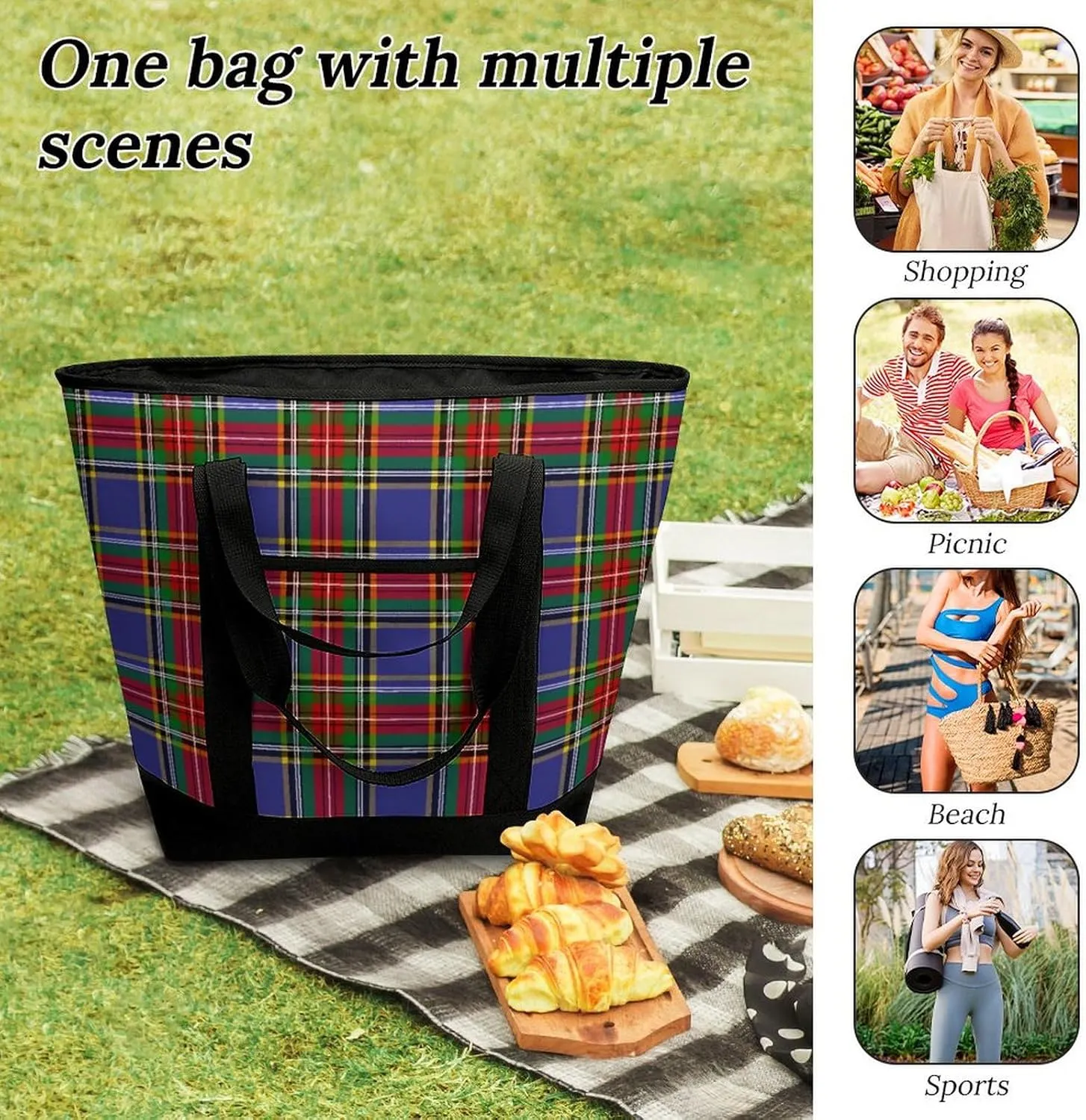 Clan Tartan Blue And Green Fashionable Large Capacity Insulated Shopping Bag