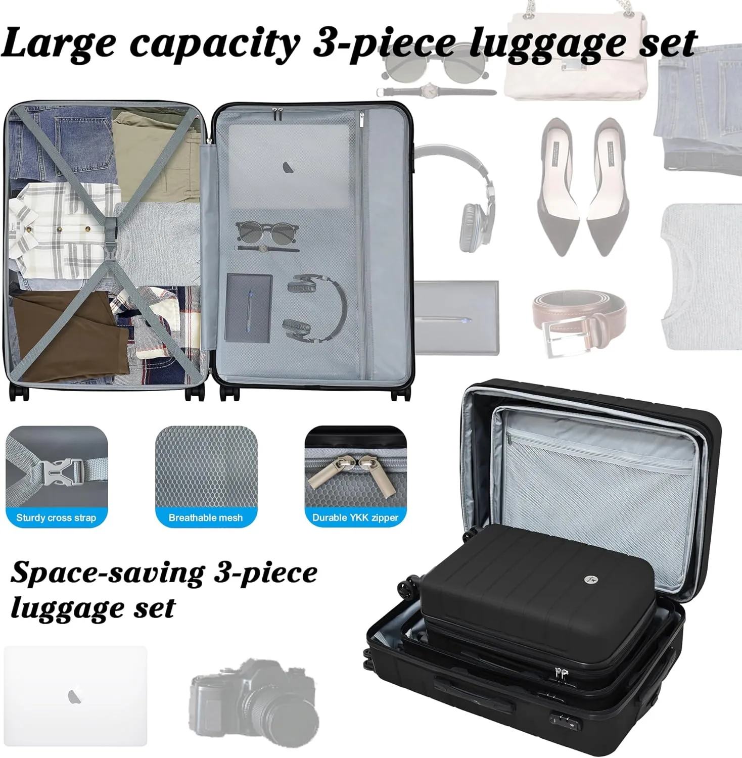 Classic 3-Piece Luggage Set with TSA Lock, PC ABS Durable Lightweight Suitcase with Spinner Wheels, Hardshell Expandable Carry-On Luggage for Business Family Travel, 20/24/28 inch, Black